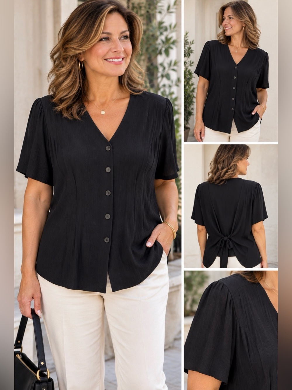 Vintage Black Button-Front V-Neck Tie-Back Top Made in USA Light Limited Edition